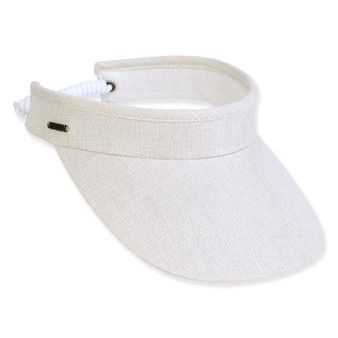 Three-quarter view of a white linen-textured sun visor featuring a wide brim and white coiled elastic back strap.