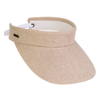 Three-quarter view of a tan linen-textured sun visor featuring a wide brim and white coiled elastic back strap