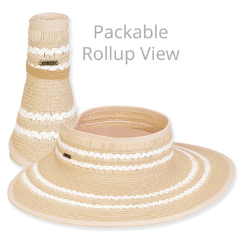 Three-quarter view of a tan woven sun visor with white braided bands, shown both open and rolled up.