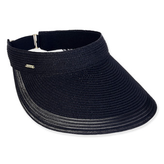 Three-quarter view of a black woven sun visor featuring a wide brim, textured crown band, and adjustable silver buckle.