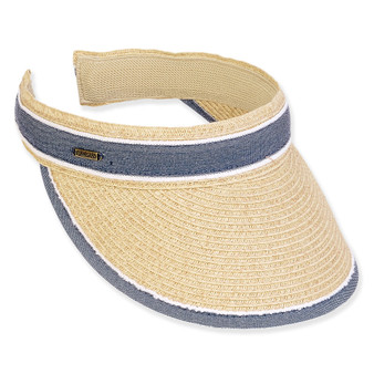 Three-quarter view of a tan woven sun visor featuring a wide brim and a contrasting denim-blue band with white piping.