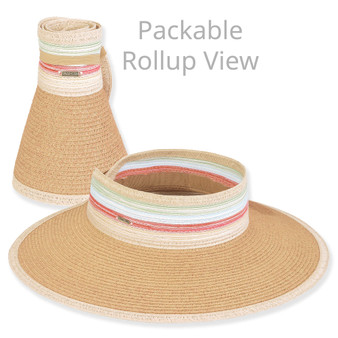 Dual view of a tan woven sun visor showing it flat and in a packable rollup configuration for travel.