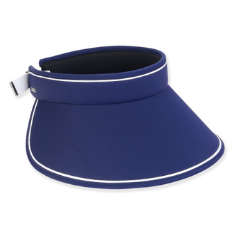 Three-quarter view of a navy blue woven sun visor featuring a wide brim and thin white trim along the edges.