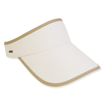 Three-quarter view of a white woven sun visor featuring a wide brim and contrasting tan trim along the edges.