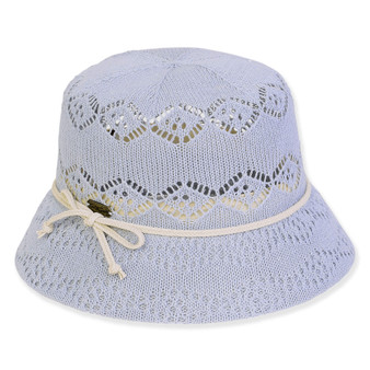 Three-quarter view of a light purple crochet bucket hat featuring diamond-patterned open-work knits, a white cord band, and a narrow brim.