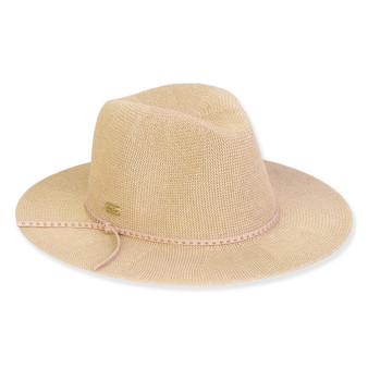 Three-quarter view of a tan woven straw fedora featuring a decorative crown band with side ties and a wide brim.