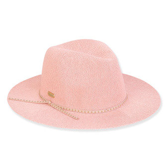 Three-quarter view of a pink woven straw fedora featuring a decorative crown band with side ties and a wide brim.