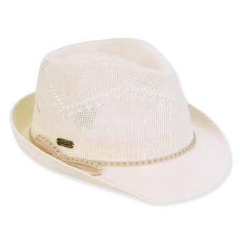 Three-quarter view of a white straw fedora featuring a white chevron patterned crown, thin cord band, and short upturned brim.