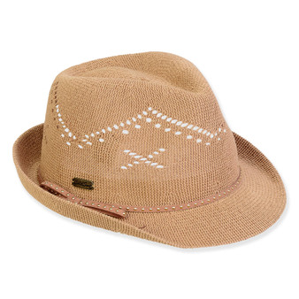 Three-quarter view of a tan straw fedora featuring a white chevron patterned crown, thin cord band, and short upturned brim.