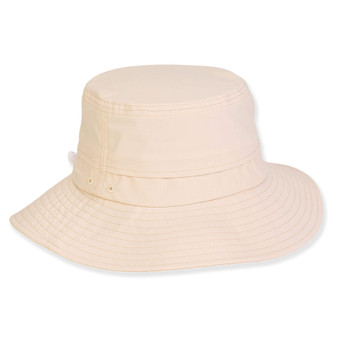 Three-quarter view of a cream wide-brim sun hat featuring textured canvas fabric, topstitching details, and ventilation eyelets.