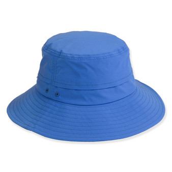Three-quarter view of a blue wide-brim sun hat featuring textured canvas fabric, topstitching details, and ventilation eyelets.