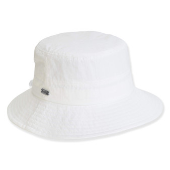 Three-quarter view of a white wide-brim sun hat featuring textured canvas fabric, topstitching details, and silver hardware.