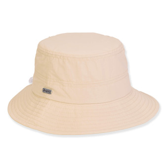 Three-quarter view of a tan wide-brim sun hat featuring textured canvas fabric, topstitching details, and silver hardware.