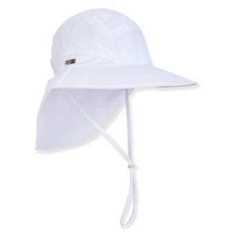 Side profile of a white sun hat featuring a matching neck cape, adjustable chin strap, and wide protective brim.