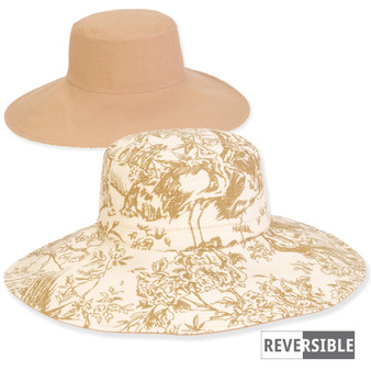 reversible sun hat featuring tan canvas and gold toile floral patterns with a wide, flexible brim.