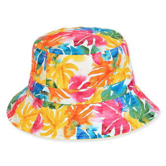 Three-quarter view of a colorful bucket hat with pink, yellow, and blue tropical leaf prints, textured canvas, and gold hardware.