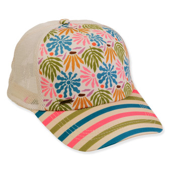 Three-quarter view of a patterned trucker hat featuring multi-colored floral crown, striped brim, cream mesh back, and silver metallic hardware.