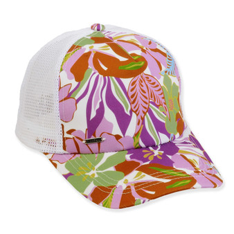 Three-quarter view of a floral trucker hat featuring pink and orange botanical patterns, white mesh back, and silver logo hardware.