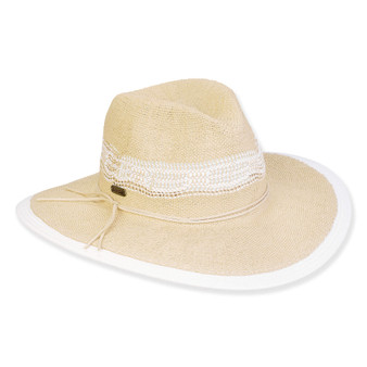 Front view of light beige woven straw sun hat featuring wide brim, softly creased crown, and simple white decorative band around the base.