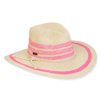 Front view of natural woven straw sun hat featuring wide brim, creased crown, pink crown‑and‑brim bands, and rope chin strap.