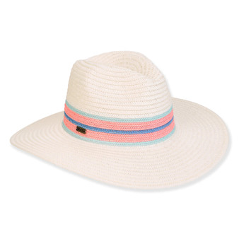 Front view of white woven straw sun hat featuring wide brim, creased crown, and dual pink‑blue decorative bands with small metallic side tag