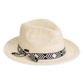 Front view of light woven straw fedora featuring medium brim, creased crown, and black‑white geometric patterned band tied in a small knot.