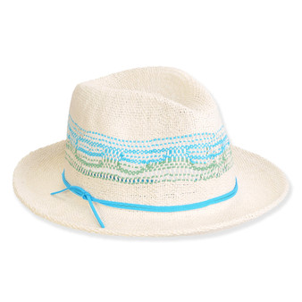 Front view of light woven straw sun hat featuring medium brim, creased crown, and blue‑green patterned band with thin blue ribbon detail.