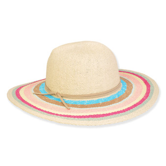 Front view of beige woven straw sun hat featuring wide brim with pink, tan, blue, green concentric stripes and thin beige cord band.
