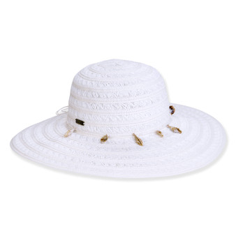 Front view of white woven straw sun hat featuring wide brim, rounded crown, and evenly spaced brown bead band highlighting detailed textured weave.