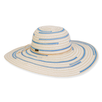 Front view of wide‑brim woven straw sun hat featuring rounded crown and concentric beige‑blue patterned brim showcasing detailed textured summer design.