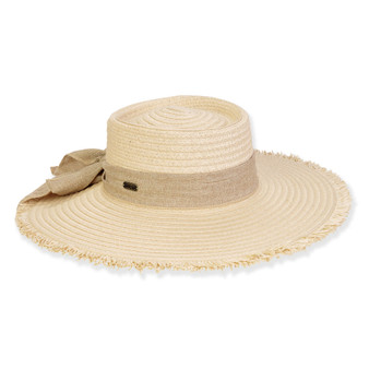 Front view of tan woven straw sun hat featuring flat crown, wide frayed brim, and beige fabric bow band highlighting textured summer design.