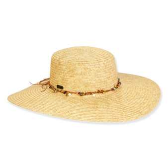 Front view of tan woven straw sun hat featuring wide brim, rounded crown, and decorative beaded cord band highlighting detailed textured weave.