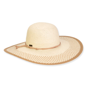 Front view of beige woven straw sun hat featuring wide downward‑curved brim, rounded crown, and thin cord band accent highlighting textured design.