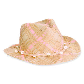 Three-quarter view of a tan and pink checkered woven fedora featuring a twisted straw band with white shell accents.