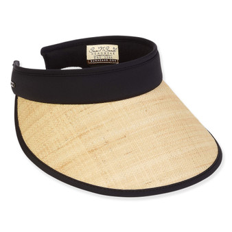 Three-quarter view of a black sun visor featuring a natural woven brim with black piping and internal brand labeling.