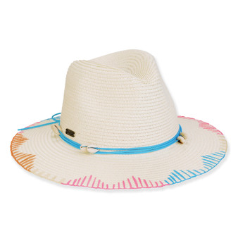 Three-quarter view of a cream woven fedora featuring a blue cord band with shell accents and a multi-colored embroidered brim.