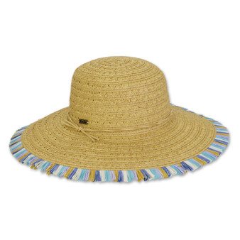 Three-quarter view of a tan woven straw sun hat featuring a multi-colored striped fringe brim and thin cord bow.