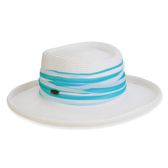 Three-quarter view of a white woven straw sun hat featuring a turquoise and white striped pleated fabric hat band.