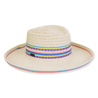 Three-quarter view of a cream woven straw sun hat featuring a multi-colored striped band and matching piped brim edge.