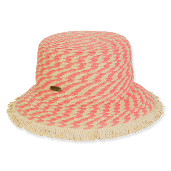 Three-quarter view of a woven straw bucket hat featuring a bright pink and tan wave pattern with a fringed brim.