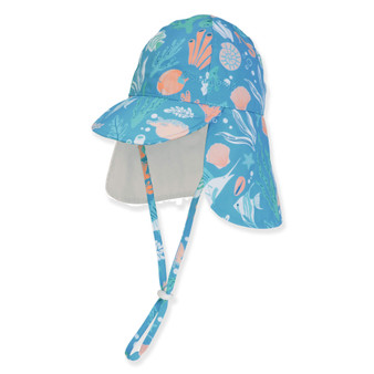 Three-quarter view of a blue kids' legionnaire hat featuring an aquatic print, protective neck flap, and adjustable chin strap.