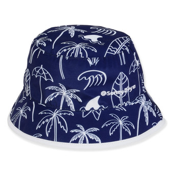 Three-quarter view of a navy blue bucket hat featuring white line-art prints of palm trees, waves, surfboards, and sharks.