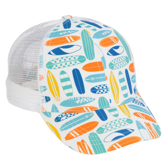 Three-quarter view of a white trucker hat featuring a multi-colored surfboard print and breathable white mesh back panels.