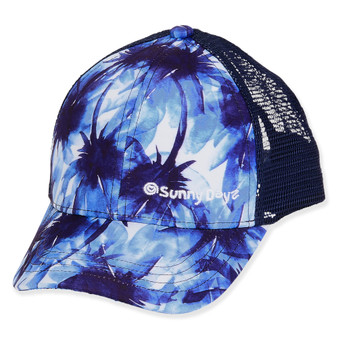 Three-quarter view of a blue floral trucker hat featuring a "Sunny Days" logo and breathable navy mesh back panels.