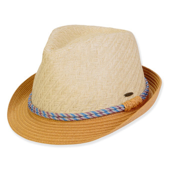 Three-quarter view of a cream straw fedora featuring a multi-colored cord band, tan brim, and brand logo hardware.