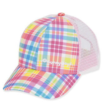 Three-quarter view of a pink plaid trucker hat featuring a "Sunny Days" logo and breathable white mesh back panels.