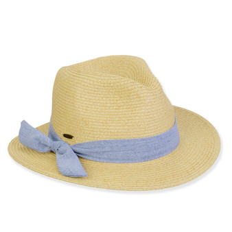 Three-quarter view of a natural paper straw fedora featuring a light blue fabric sash band with a side knot.