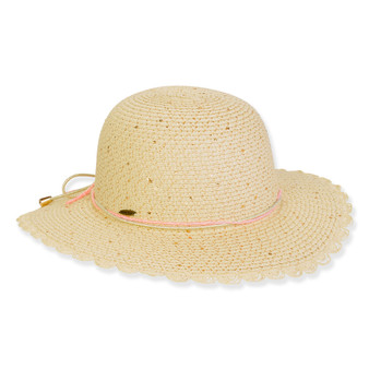 Three-quarter view of a cream crochet sun hat featuring a thin pink cord band, scalloped brim edge, and brand hardware.