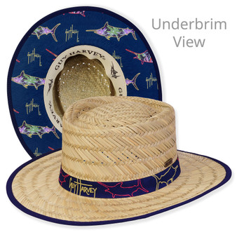 Composite view of a natural straw lifeguard hat featuring a Guy Harvey marlin fabric band, printed underbrim, and blue bound edge.