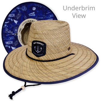 Composite view of a natural straw lifeguard hat featuring a Guy Harvey anchor patch, blue printed underbrim, and adjustable chin cord.